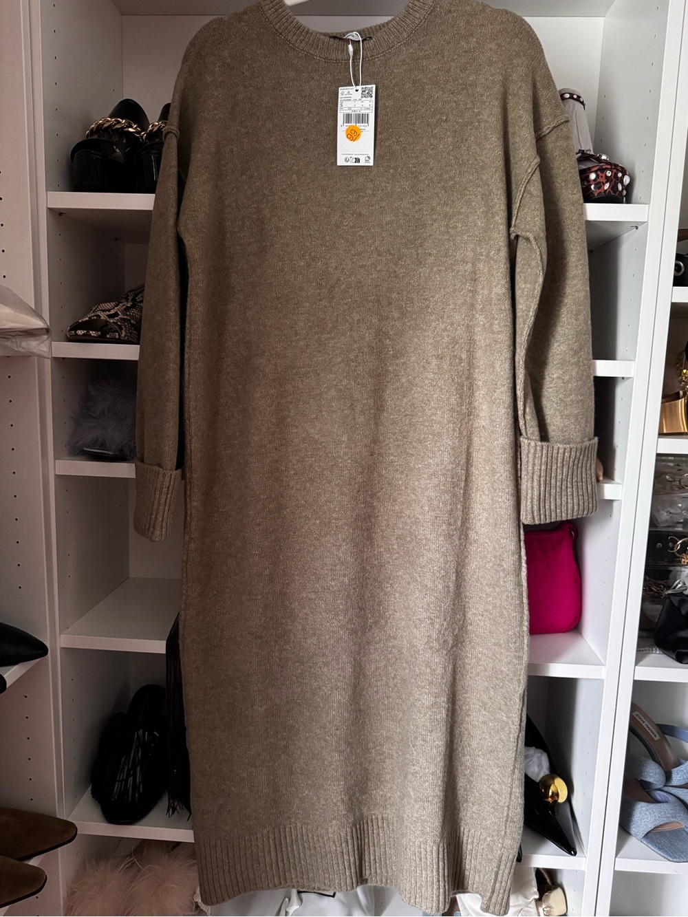 Mango Long Sleeve Knit Dress in Taupe